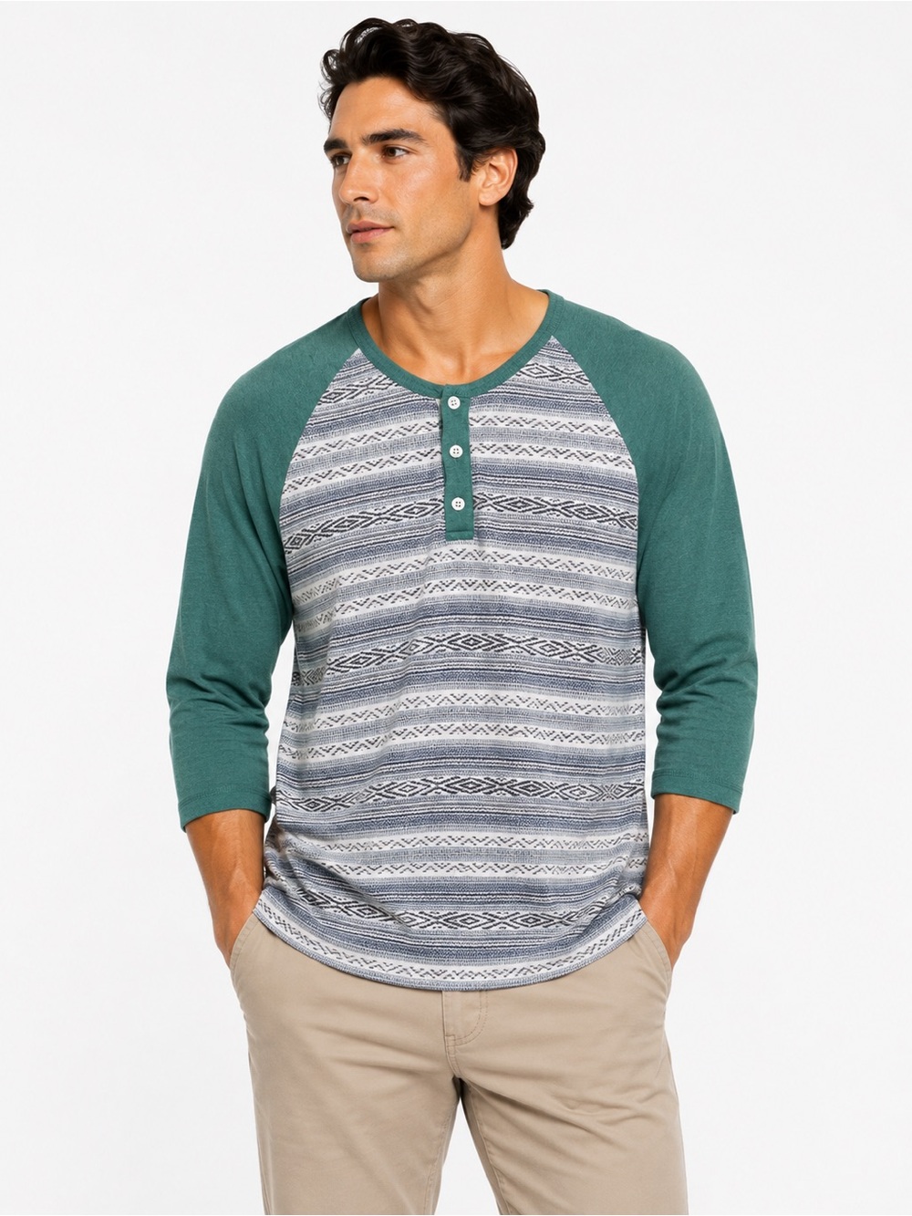 Alternative Earth Men’s Green Geometric Henley Raglan Shirt – Size Medium